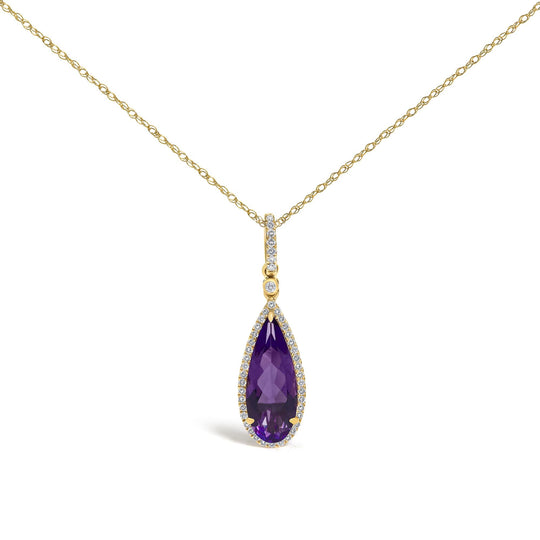 10K Yellow Gold Pear-Cut Purple Amethyst and 1/5 Cttw Diamond Halo Pendant Necklace