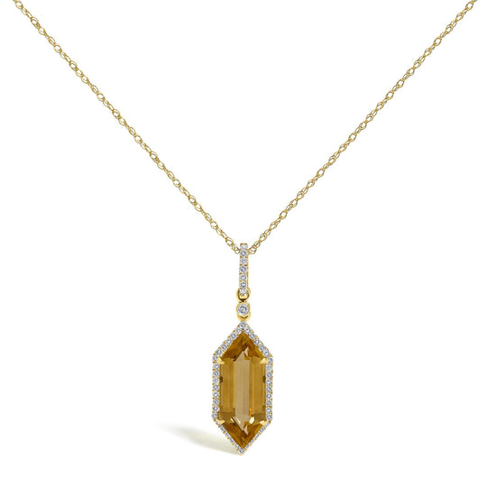 10K Yellow Gold Elongated Hexagon Citrine and 1/5 Cttw Diamond Halo Pendant Necklace
