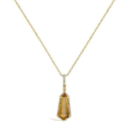 10K Yellow Gold Shield-Shaped Citrine and 1/5 Cttw Diamond Halo Pendant Necklace