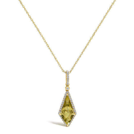 10K Yellow Gold Kite-Shaped Lemon Quartz and 1/5 Cttw Diamond Halo Pendant Necklace