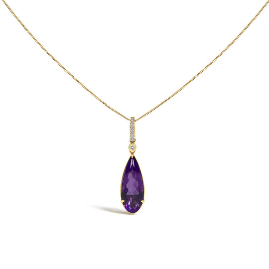 10K Yellow Gold Pear-Shaped Purple Amethyst and Diamond Accent Drop Pendant Necklace