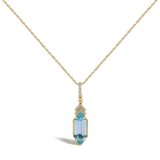 10K Yellow Gold Hexagon Blue Topaz and 1/10 Cttw Diamond Chevron Pendant Necklace