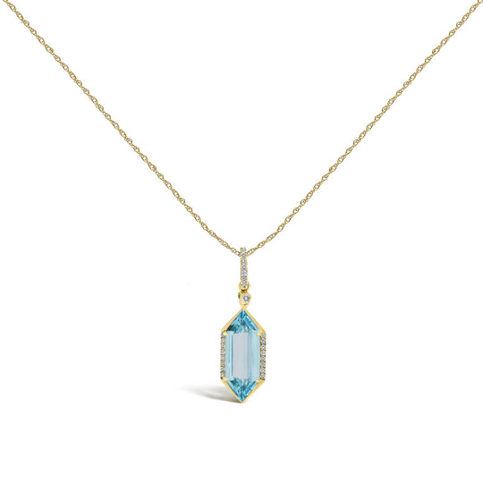10K Yellow Gold Elongated Hexagon Blue Topaz and 0.114 Cttw Diamond Pendant Necklace