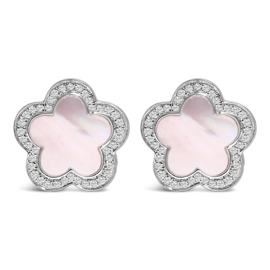 14K White Gold Mother of Pearl and 1/5 Cttw Diamond Halo Star Stud Earrings-0