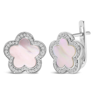 14K White Gold Mother of Pearl and 1/5 Cttw Diamond Halo Star Stud Earrings-1