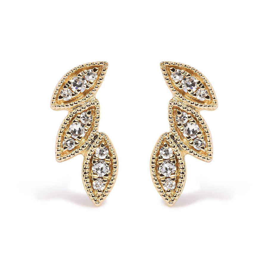 10K Yellow Gold 1/10 Cttw Diamond Triple Leaf Stud Earring (H-I Color, I1-I2 Clarity)