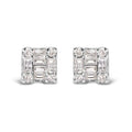 10K white gold stud earrings with round and baguette diamond stones