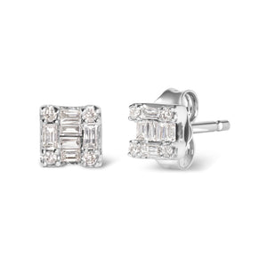 10K White Gold 1/7 Cttw Round and Baguette Diamond Mosaic Square Stud Earrings (H-I Color, I1-I2 Clarity)-1