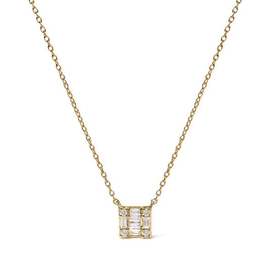 10K Yellow Gold 1/10 Cttw Round and Baguette Diamond Mosaic Composite Square 18" Inch Pendant Necklace (H-I Color, I1-I2 Clarity)-0