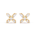 10K yellow gold stud earrings with round and baguette diamond criss cross X design