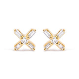 10K yellow gold stud earrings with round and baguette diamond criss cross X design thumbnail 1