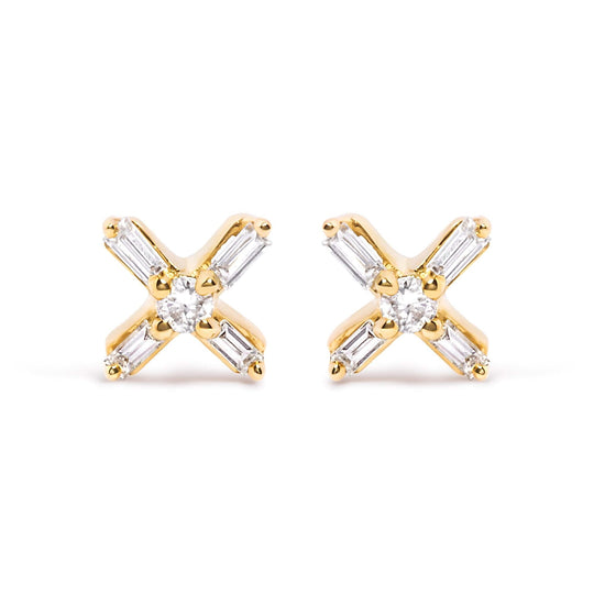 10K Yellow Gold 1/10 Cttw Round and Baguette Diamond Criss Cross X Stud Earring (H-I Color, I1-I2 Clarity)-0