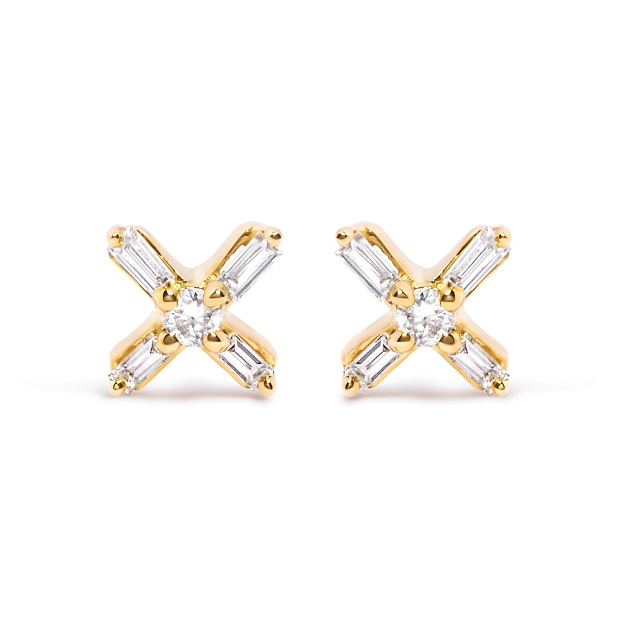 10K Yellow Gold 1/10 Cttw Round and Baguette Diamond Criss Cross X Stud Earring (H-I Color, I1-I2 Clarity)