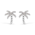 10K white gold palm tree stud earrings with round diamond stones