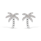 10K white gold palm tree stud earrings with round diamond stones thumbnail 1