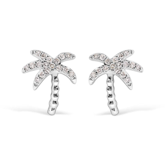 10K white gold palm tree stud earrings with round diamond stones