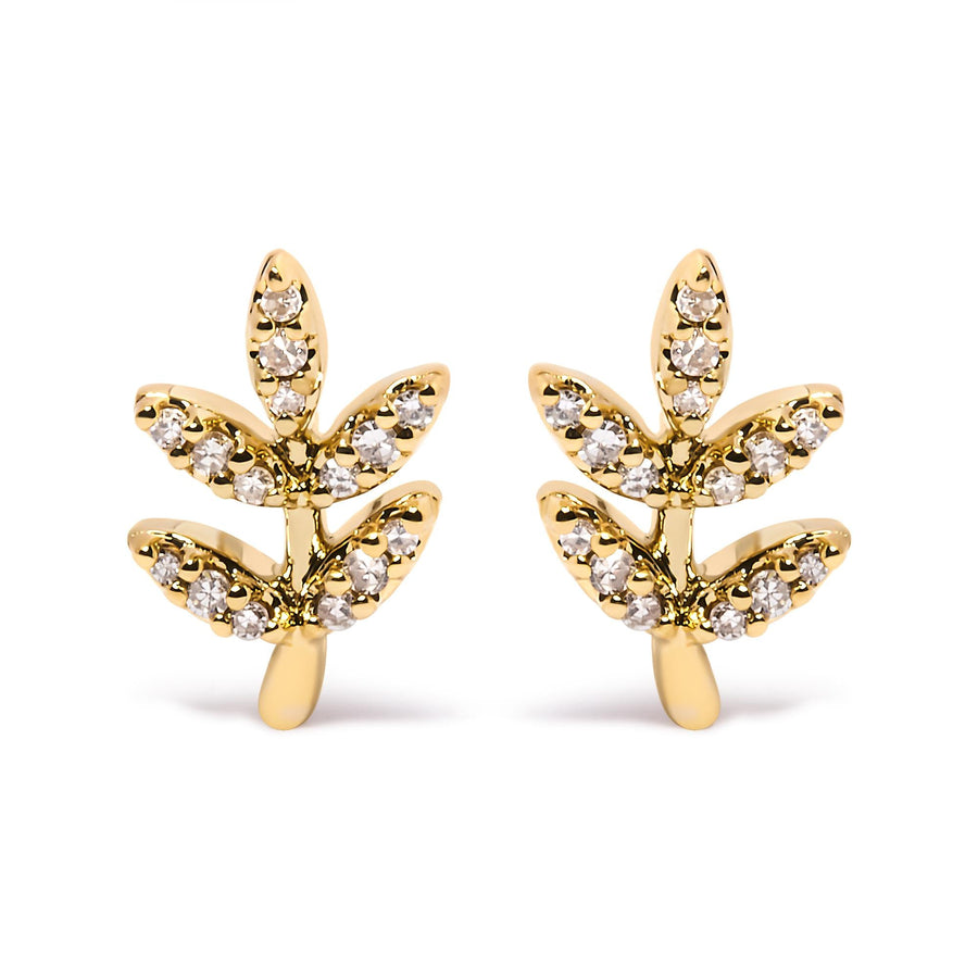 10K Yellow Gold 1/10 Cttw Diamond Accented Leaf and Branch Stud Earrings (H-I Color, I1-I2 Clarity)