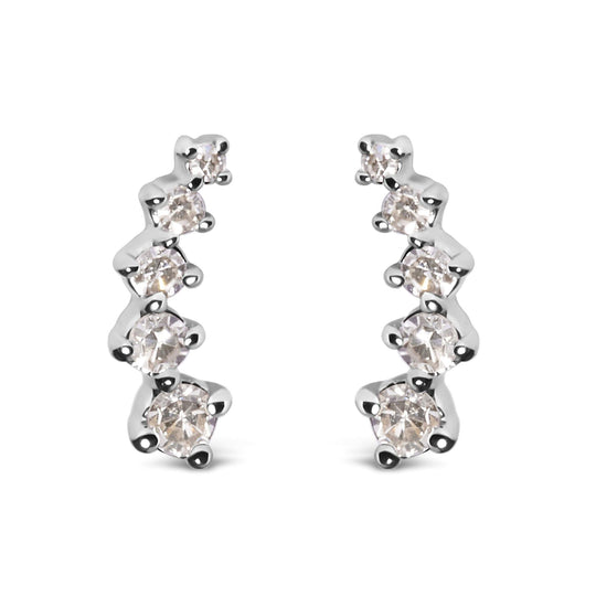 10K white gold climber stud earrings with 2 round diamond stones