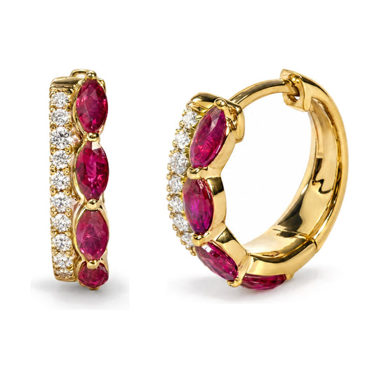 10K Yellow Gold 1/6 Cttw Diamond and Marquise Ruby Double-Row Huggie Hoop Earrings.