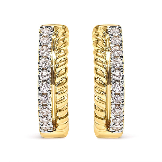 10K yellow gold huggie hoop earrings with rope twist and round diamonds