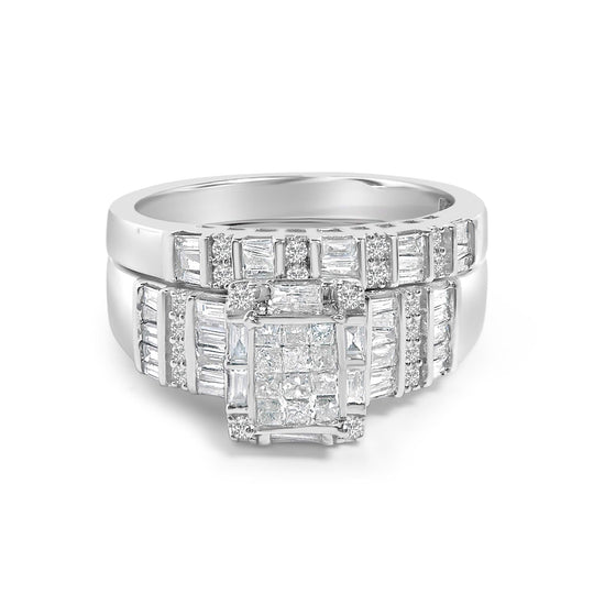 Sterling Silver 1.0 Cttw Diamond Composite Head Bridal Engagement Ring Set-0