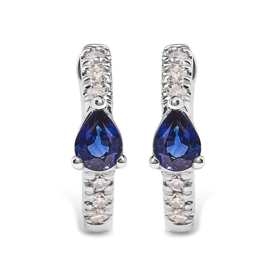 10K White Gold Pear Shaped Blue Sapphire and 1/10 Cttw Diamond Huggy Hoop Earrings (H-I Color, I1-I2 Clarity)-0