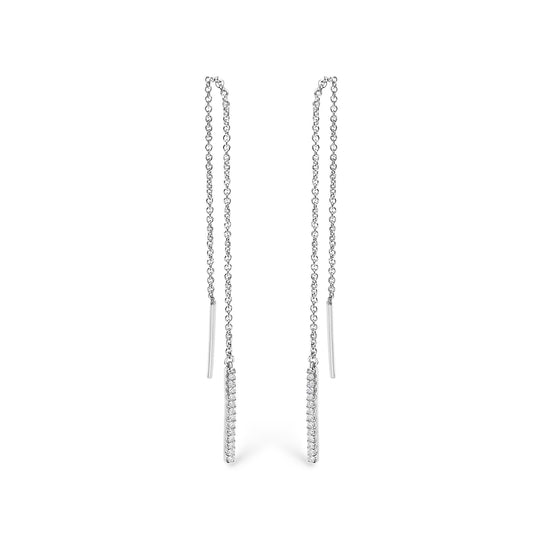 10K white gold threader earrings with a line of round diamond stones
