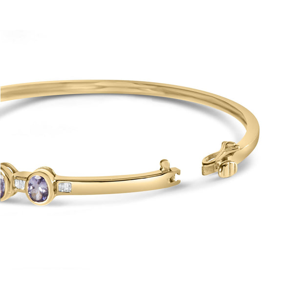 14K Yellow Gold Alternating Bezel Set 5MM Oval Shaped Tanzanite and 1/5 Cttw Diamond Bangle Bracelet (H-I Color, VS2-SI1 Clarity) - Fit's wrists up to 7.25