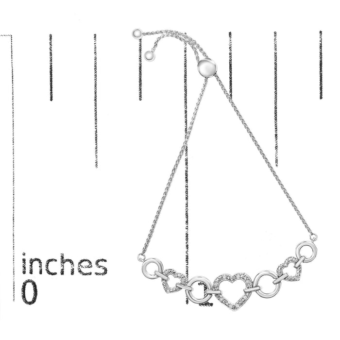.925 Sterling Silver 1/10 Cttw Round-Cut Diamond Heart-Link Adjustable Bolo Bracelet ( H-I Color, I2-I3 Clarity) - 6