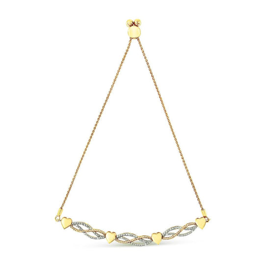 14K Yellow Gold Plated .925 Sterling Silver 1/10 Cttw Diamond Wave and Hearts Bolo Bracelet (I-J Color, I2-I3 Clarity) - 4"-10" Adjustable-0