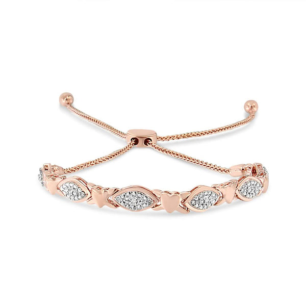 .925 Sterling Silver Diamond Accent Alternating Marquise Shape and Heart Links Bolo Bracelet (I-J Color, I3 Clarity) - Adjustable 6