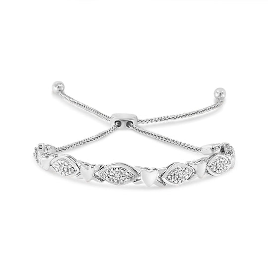 .925 Sterling Silver Diamond Accent Alternating Marquise Shape and Heart Links Bolo Bracelet (I-J Color, I3 Clarity) - Adjustable 6" to 9"-0