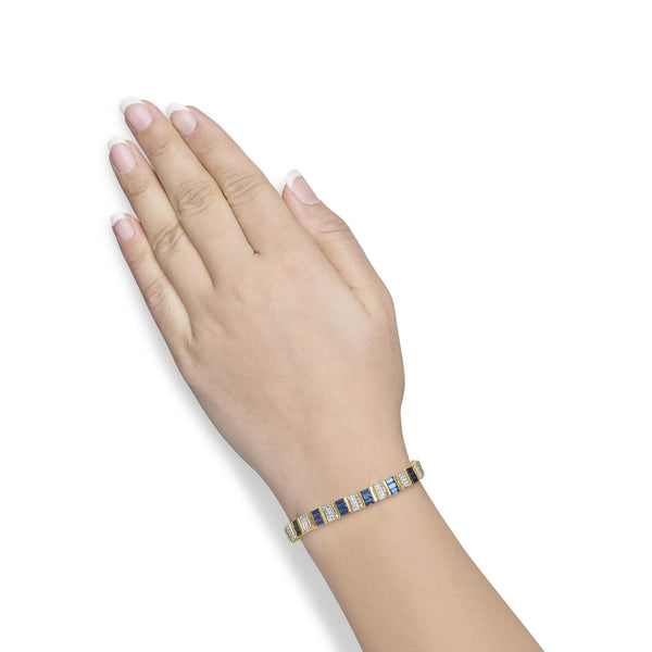 14K Yellow Gold 2/5 Cttw Diamond & 8.0 Cttw Baguette Cut Blue Sapphire Alternating Link Bracelet (G-H Color, VS1-VS2 Clarity) - 7