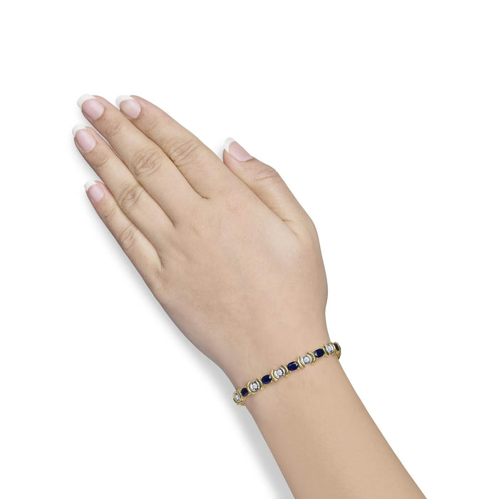 14K Yellow Gold 1.00 Cttw Alternating  Diamond and 6 1/2 Cttw Oval Blue Sapphire Link Bracelet (H-I Color, SI1-SI2 Clarity) - 7