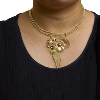 18K Yellow Gold Diamond and Red Ruby Floral Cascade Statement Necklace with 16