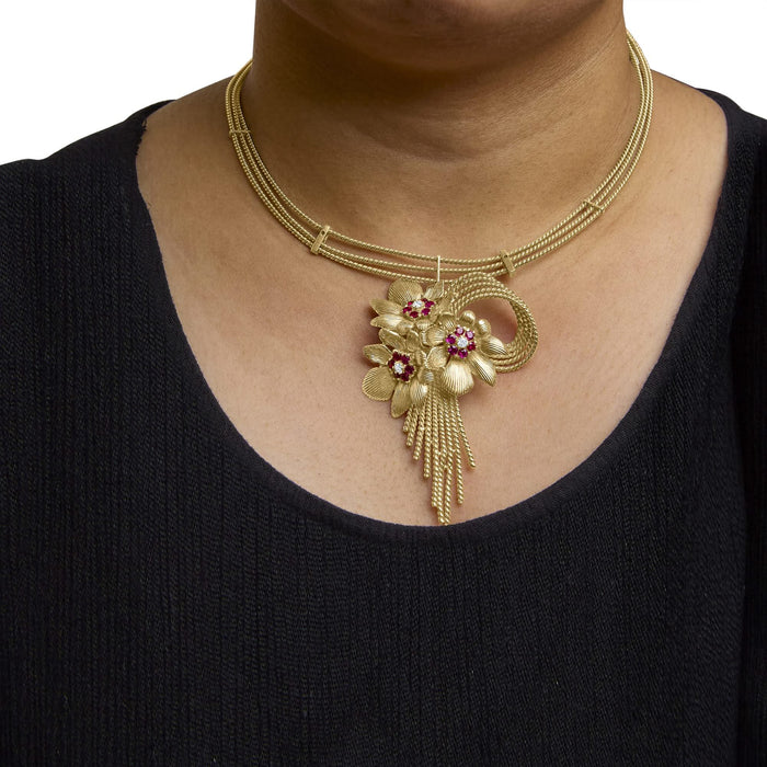 18K Yellow Gold Diamond and Red Ruby Floral Cascade Statement Necklace with 16