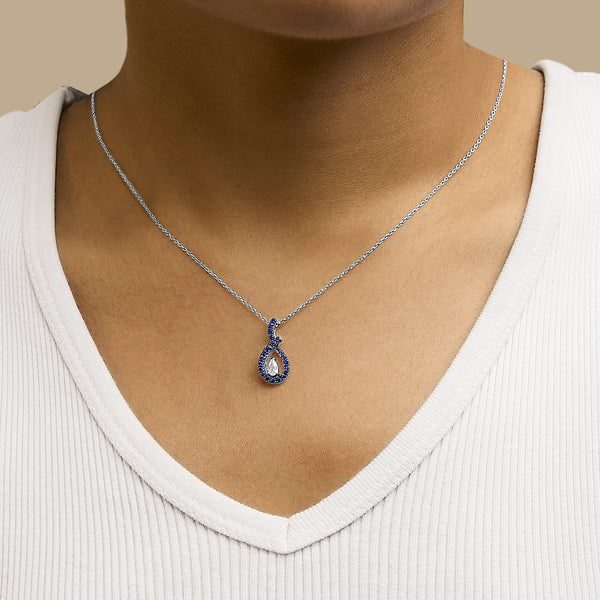 .925 Sterling Silver Created Blue and White Sapphire Teardrop Shaped Pendant Necklace - 18