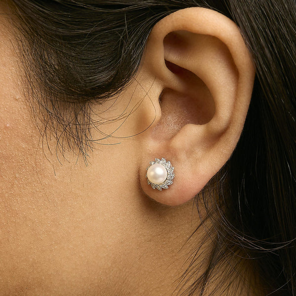 10K White Gold Heirloom-Style Pearl and Diamond Accent Halo Stud Earrings (I-J color, I1-I2 Clarity)