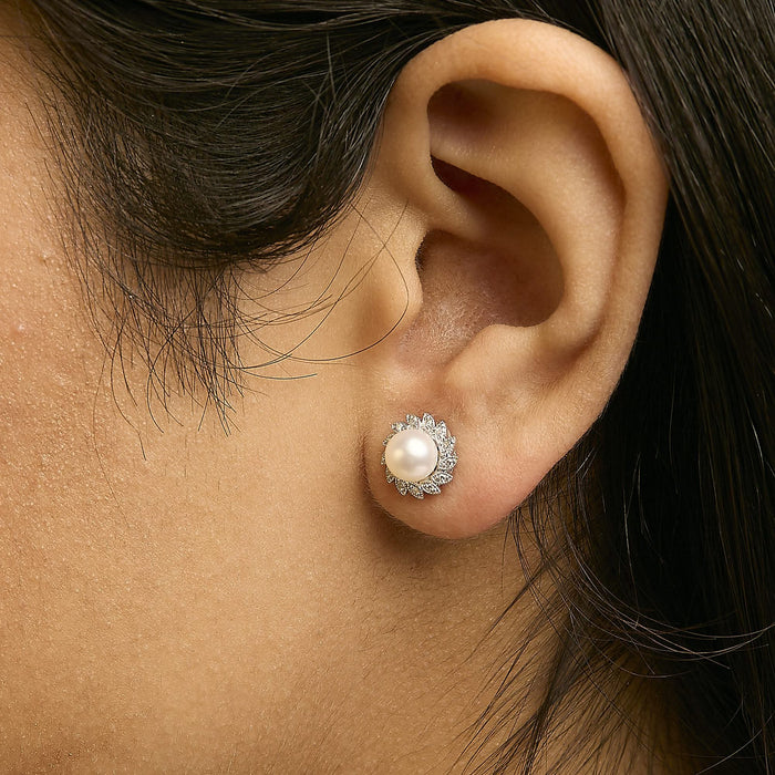 10K White Gold Heirloom-Style Pearl and Diamond Accent Halo Stud Earrings (I-J color, I1-I2 Clarity)