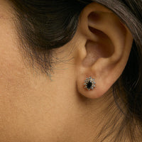 14K Yellow Gold 1/4 Cttw Diamond and Blue Sapphire Sunburst Halo Stud Earrings (K-L Color, I1-I2 Clarity)