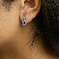 10K White Gold Blue  Sapphire and Diamond Halo Cushion Shaped Drop Earrings (I-J Color, I1-I2 Clarity)