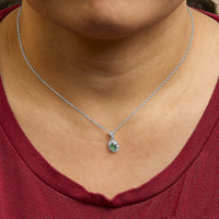 14K White Gold Oval Green Emerald and Diamond Halo Pendant Necklace - 18