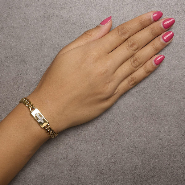 14K Yellow Gold Plated .925 Sterling Silver Diamond Accent Inlaid Cross Cuban Link Bracelet (I-J Color, I3 Clarity)-  7.25