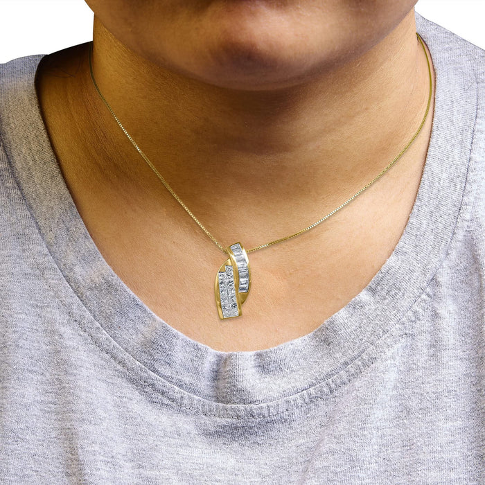 14k Yellow Gold 1 1/3 Cttw Princess and Baguette-cut Diamond Double Curved Pendant Necklace (H-I Color ,VS1-VS2 Clarity) - NO CHAIN INCLUDED