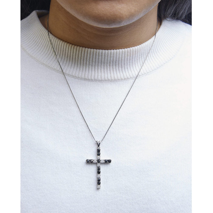 .925 Sterling Silver 2.0 Cttw Prong Set Round Natural Treated Black and White Diamond Cross Pendant Necklace - 18