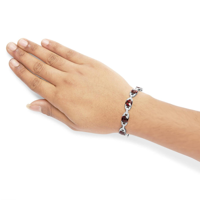 .925 Sterling Silver 7x7mm Checkered Cushion Red Garnet and Diamond Accent Fashion Tennis Link Bracelet (I-J Color, I1-I2 Clarity) - Size 7