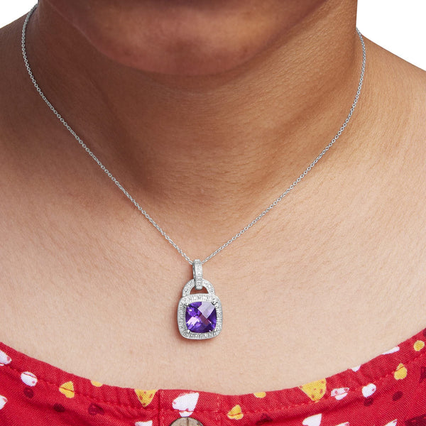 .925 Sterling Silver 10X10 MM Cushion Purple Amethyst and Diamond Accent Halo 18