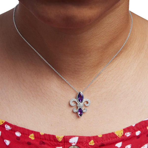 .925 Sterling Silver Purple Amethyst Marquise and Diamond Accent Fleur De Lis Pendant Necklace (H-I Color, SI1-SI2 Clarity) - Size 18