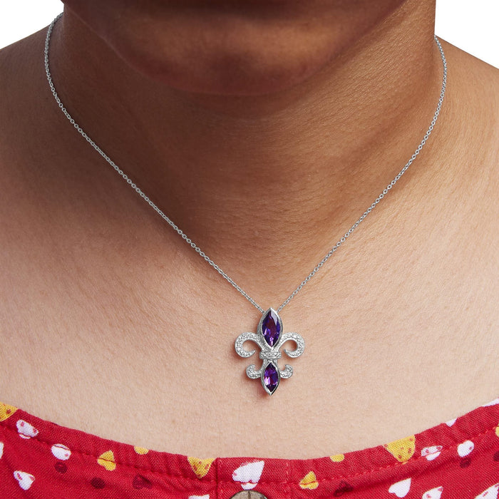 .925 Sterling Silver Purple Amethyst Marquise and Diamond Accent Fleur De Lis Pendant Necklace (H-I Color, SI1-SI2 Clarity) - Size 18