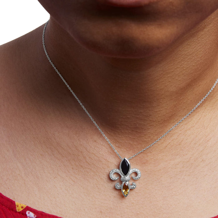 .925 Sterling Silver Marquise Onyx and Citrine and Diamond Accent Fleur De Lis Pendant Necklace (H-I Color, SI1-SI2 Clarity) - 18